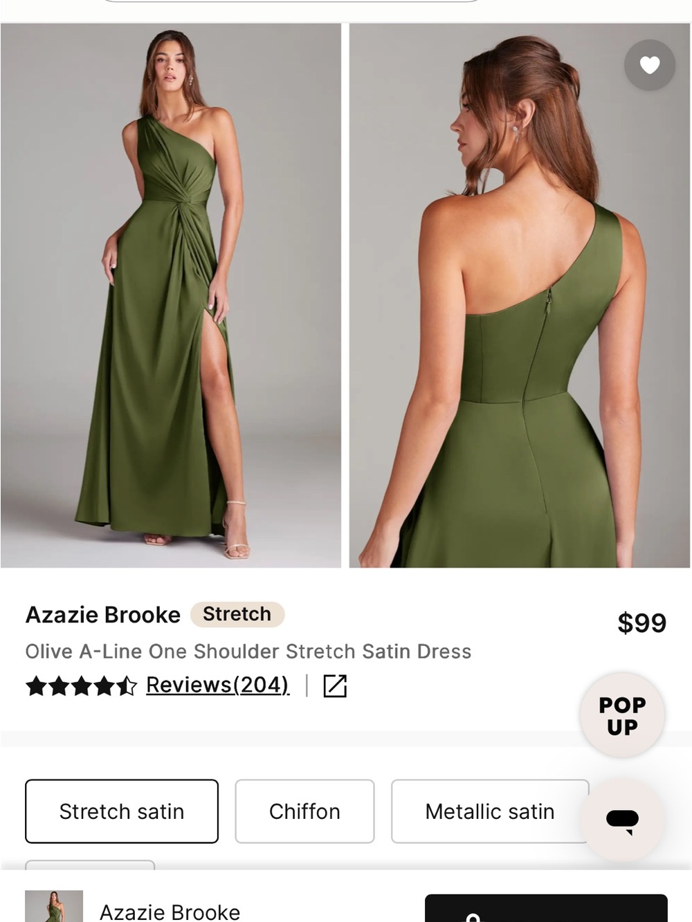 Azazie Olive A-Line One Shoulder Stretch Satin Bridesmaid Dress